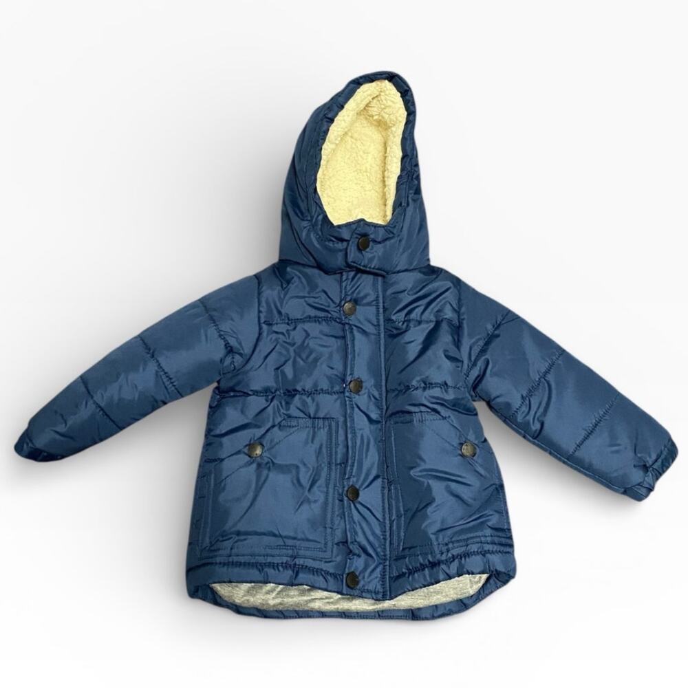 Ben Sherman Boy's Coat Toddler 18 Months Blue Sherpa Hood Lined Button Up Quilt